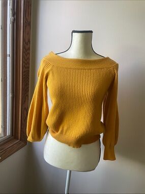 Anthropologie Off-the-Shoulder Ribbed Sweater - Mustard